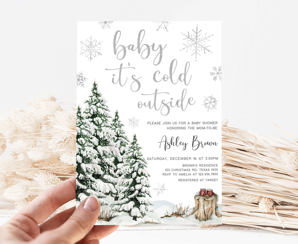 Rustic woodland winter baby shower invitation template, neutral snowflake baby shower invite for winter theme