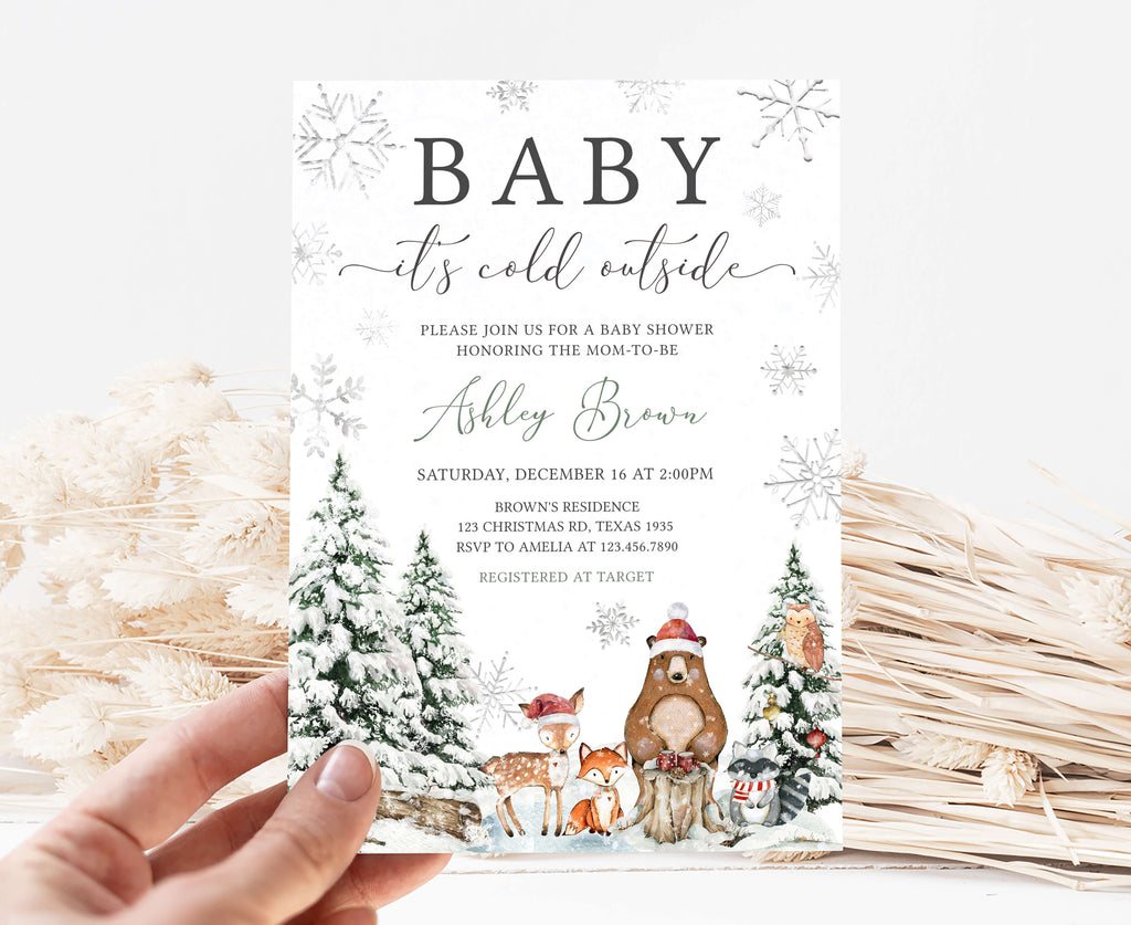 Printable Christmas woodland baby shower invitation, Editable holiday baby shower invite for winter celebrations