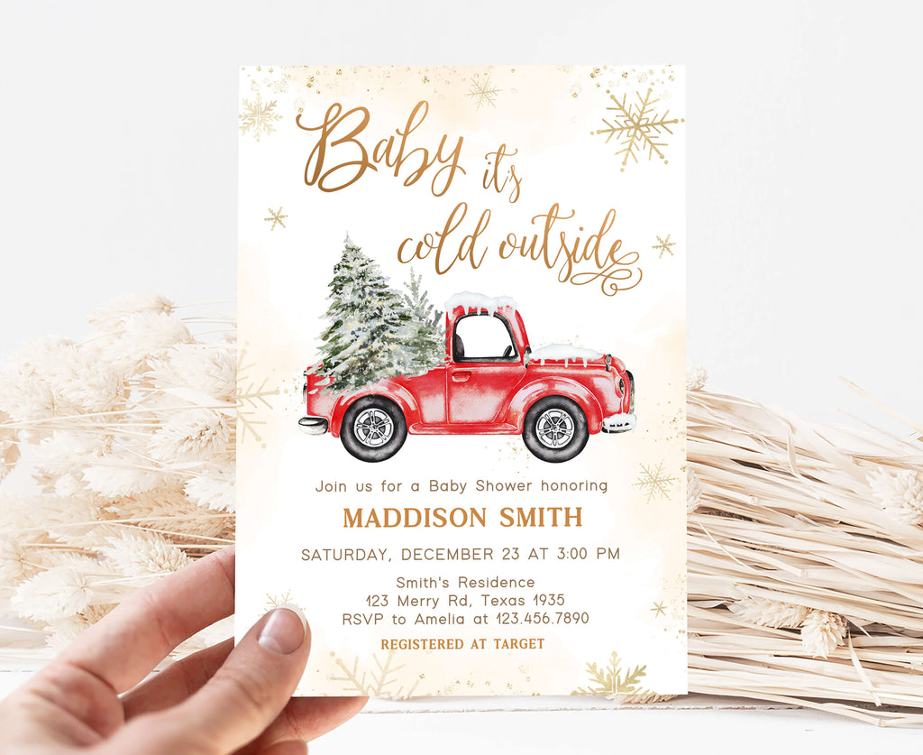 Printable winter baby shower invitation for gender neutral parties, rustic red truck baby shower invite with snowflakes