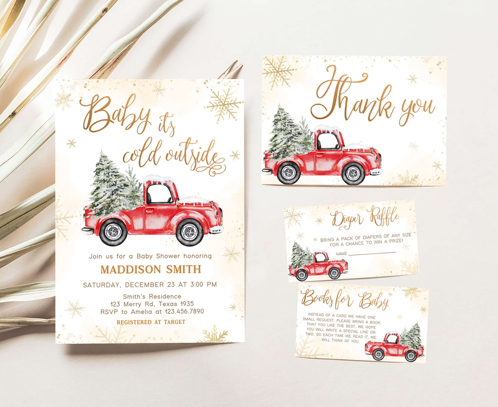 Rustic winter baby shower invitation set, holiday red truck and snowflake party pack