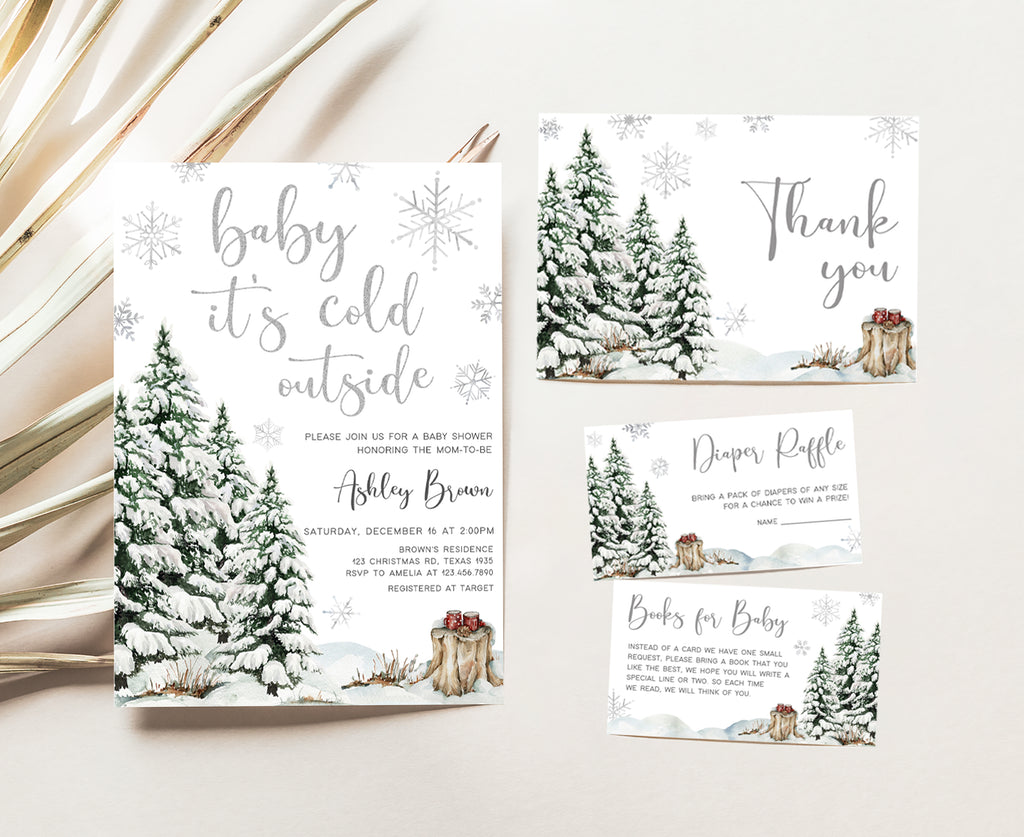 Baby it’s cold outside invitation set, rustic winter wonderland baby shower stationery printable