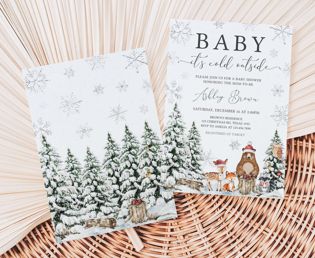 Christmas Baby Shower Invitation – Woodland Animals, Winter Theme, Rustic Holiday Baby Shower Invite – Gender Neutral Christmas Design