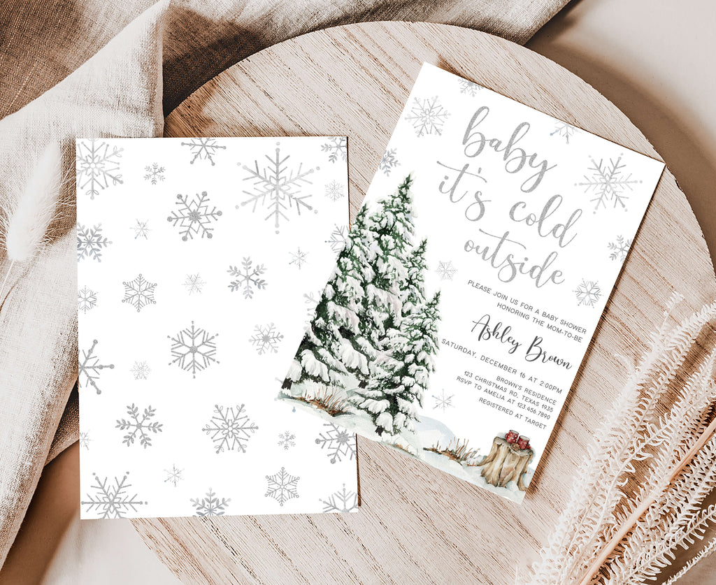 Printable baby it’s cold outside shower invitation, gender neutral winter forest baby shower stationery