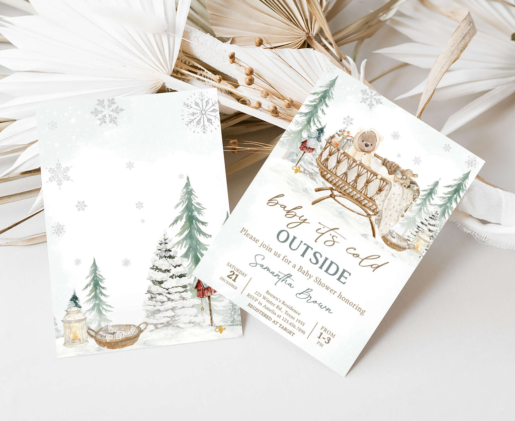 Gender neutral digital baby shower download, snowy forest theme baby shower invitation