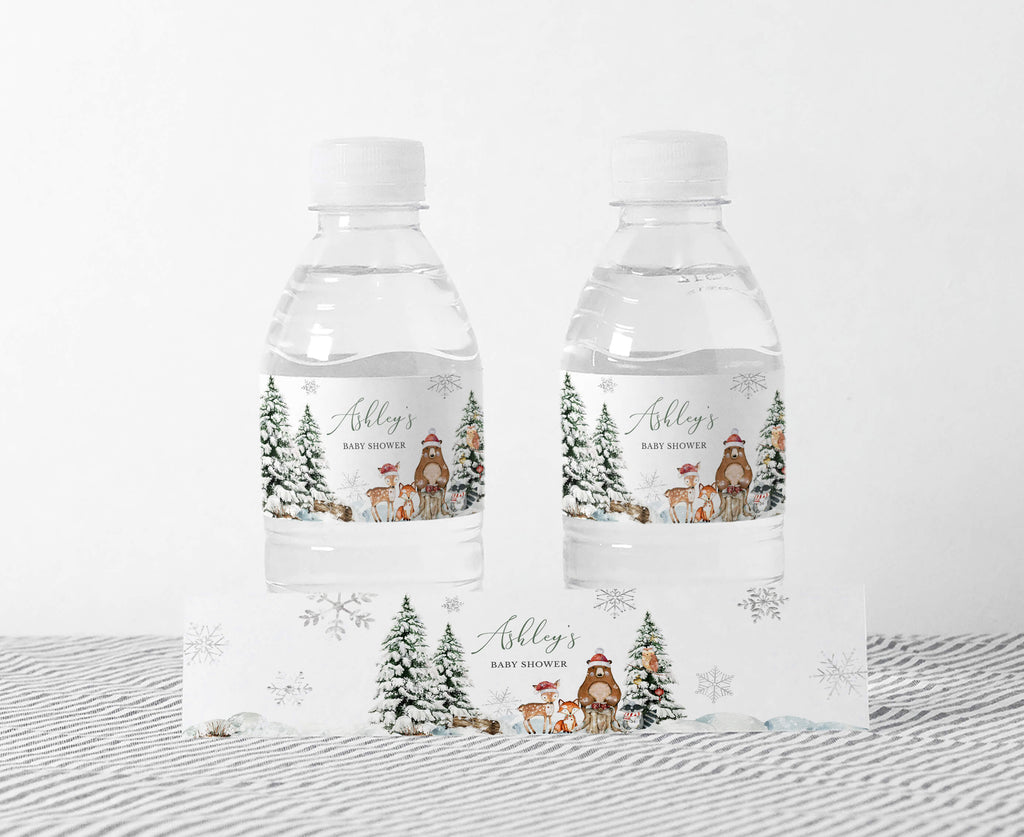 Christmas woodland baby shower bottle labels with animals and snowflakes, gender neutral holiday design