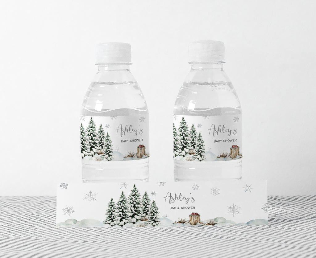 Winter baby shower bottle labels with snowflakes and rustic pine tree design, gender neutral