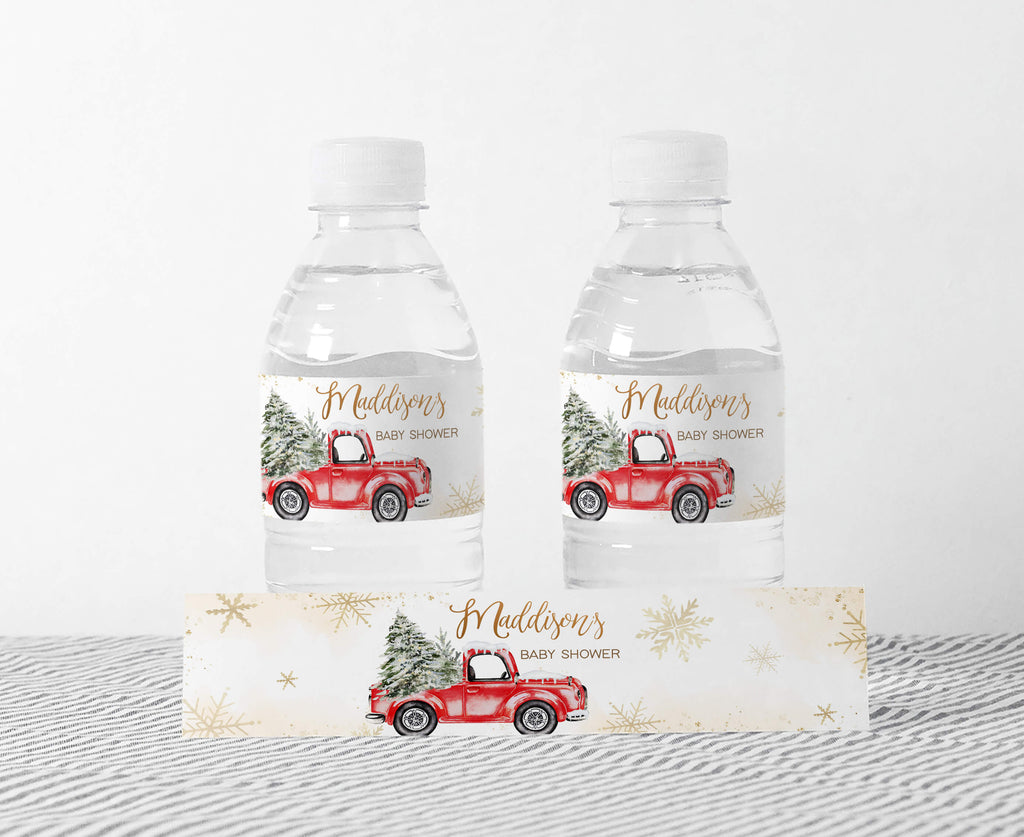 Winter baby shower bottle labels, gender neutral rustic red truck and snowflake design