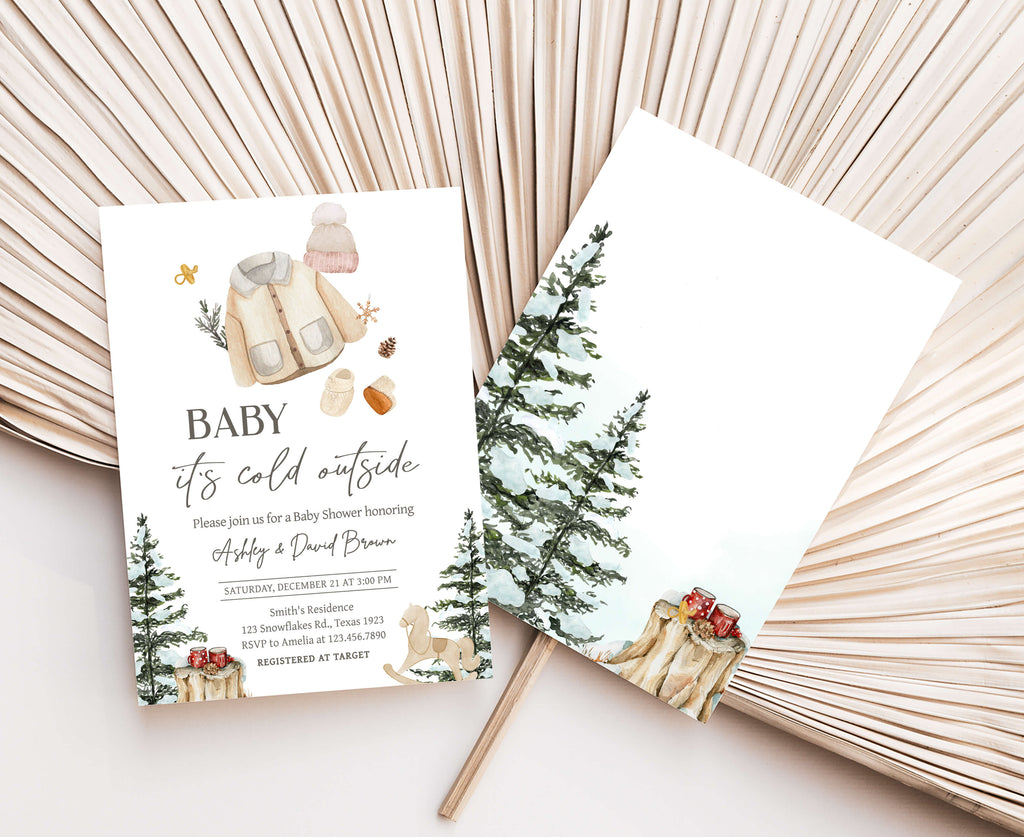 Editable rustic woodland winter baby shower design, neutral baby shower invitation for boys or girls