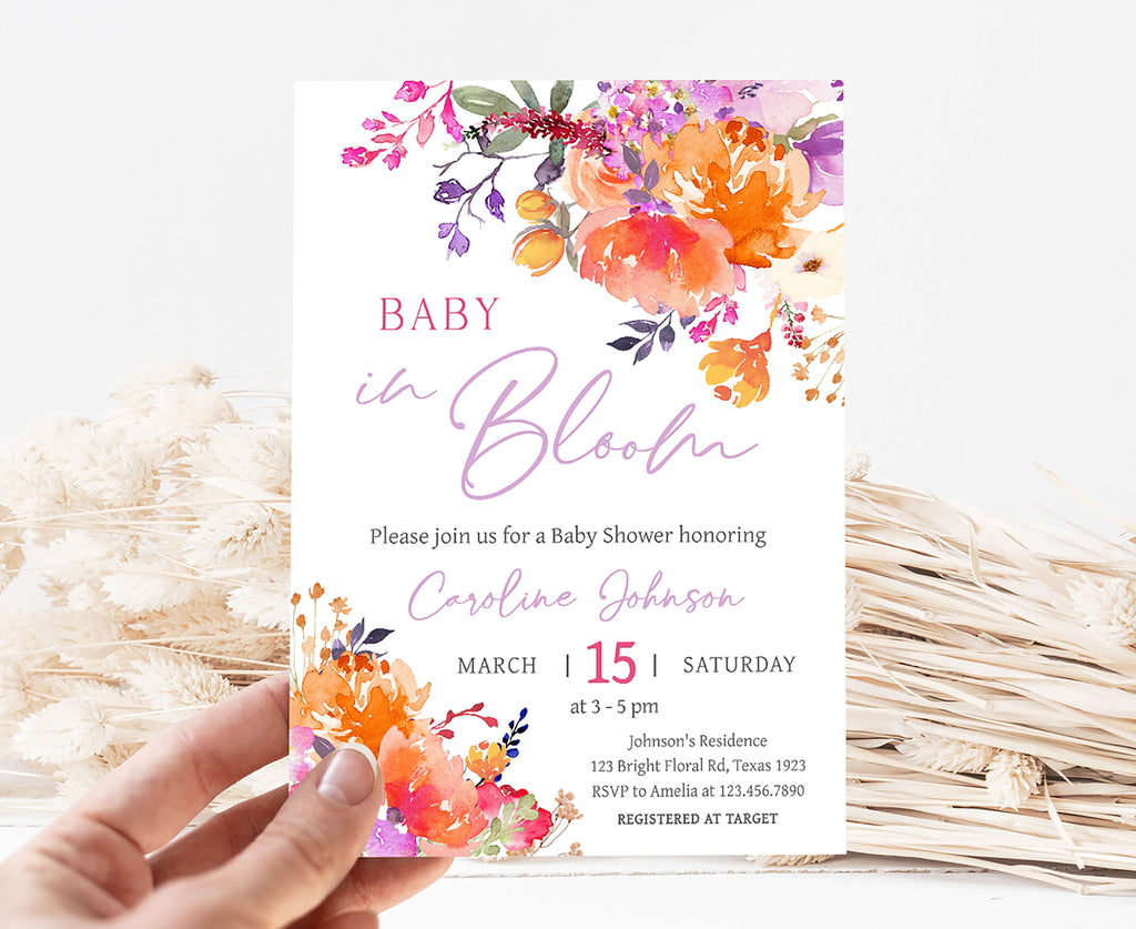 Spring floral baby girl baby shower invitation, baby in bloom theme printable