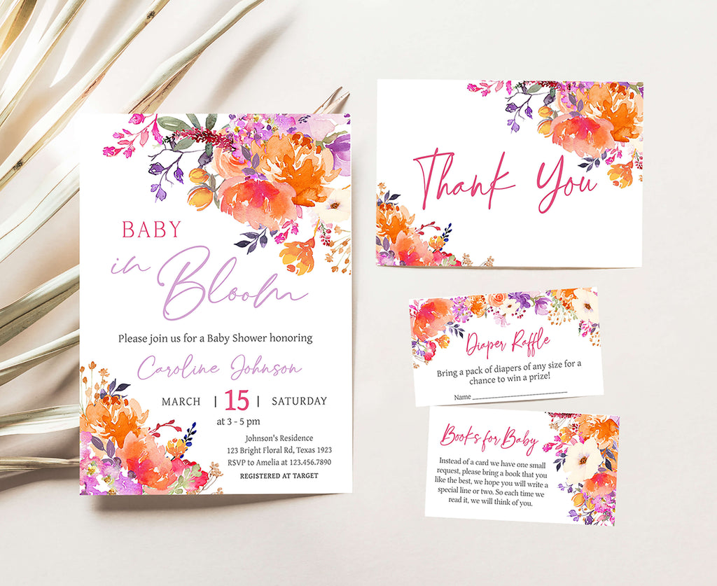 Coordinating spring floral baby girl invitation set, baby in bloom printable bundle