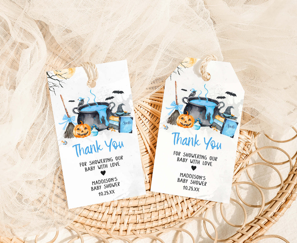 Baby boy is brewing favor tags, blue pumpkin and witch cauldron Halloween baby shower party decor