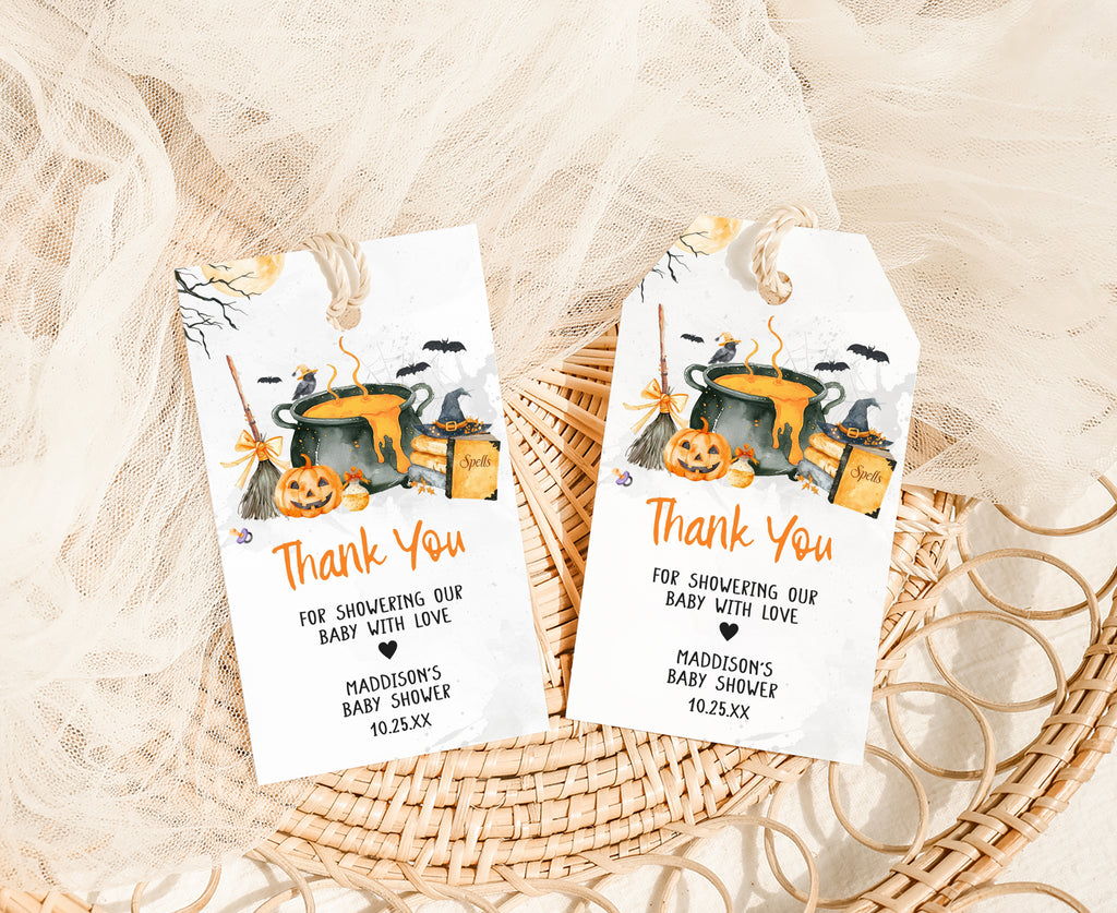 Baby is brewing favor tags, Halloween baby shower pumpkin and witch cauldron party decorations