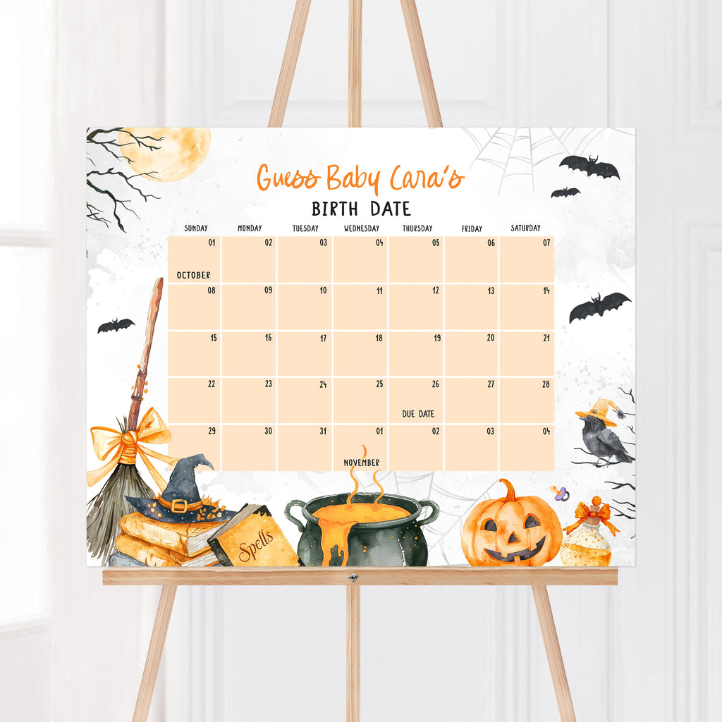 Spooky baby shower due date calendar, Halloween theme with cauldron, pumpkin, and witch hat design