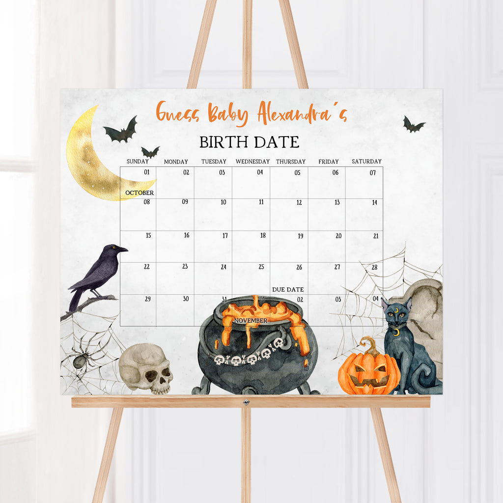 Printable Halloween baby shower due date calendar with pumpkins, Gender neutral spooky baby shower calendar – witch cauldron theme