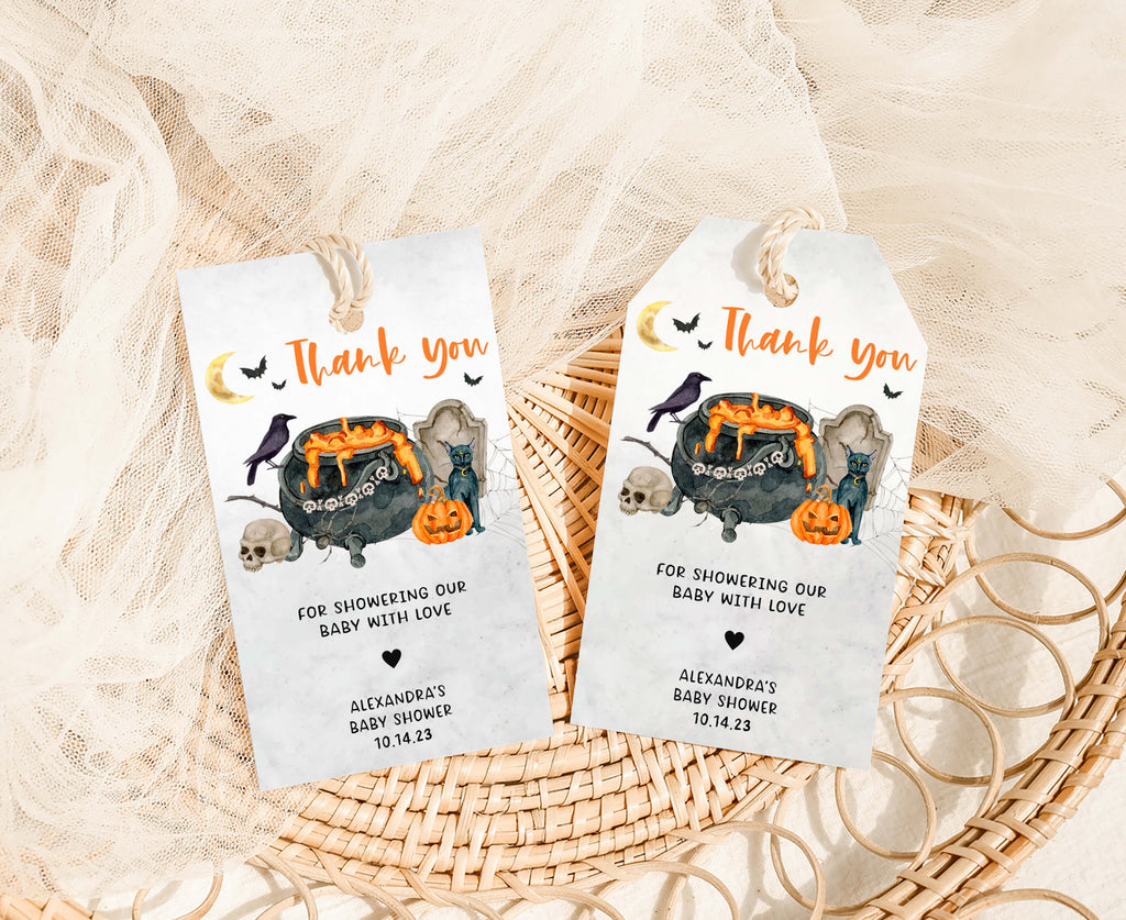 Halloween baby shower favor tags with pumpkin and black cat design