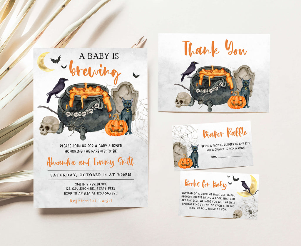 Halloween baby shower invitation set – gender neutral spooky design, Witch cauldron and pumpkin baby shower invite bundle – printable