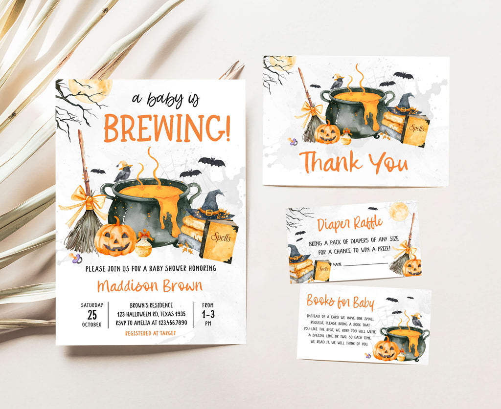 Baby is brewing invitation set, Halloween gender neutral baby shower with pumpkin and cauldron