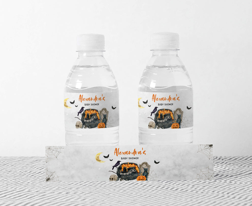 Halloween baby shower bottle labels with witch cauldron and pumpkins
