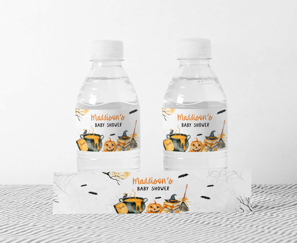 Halloween baby shower bottle labels, baby is brewing witch cauldron and pumpkin design, gender neutral