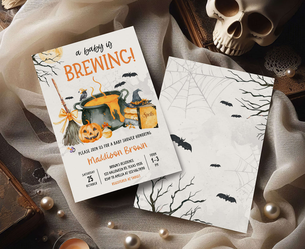 Spooky pumpkin and witch cauldron baby shower card