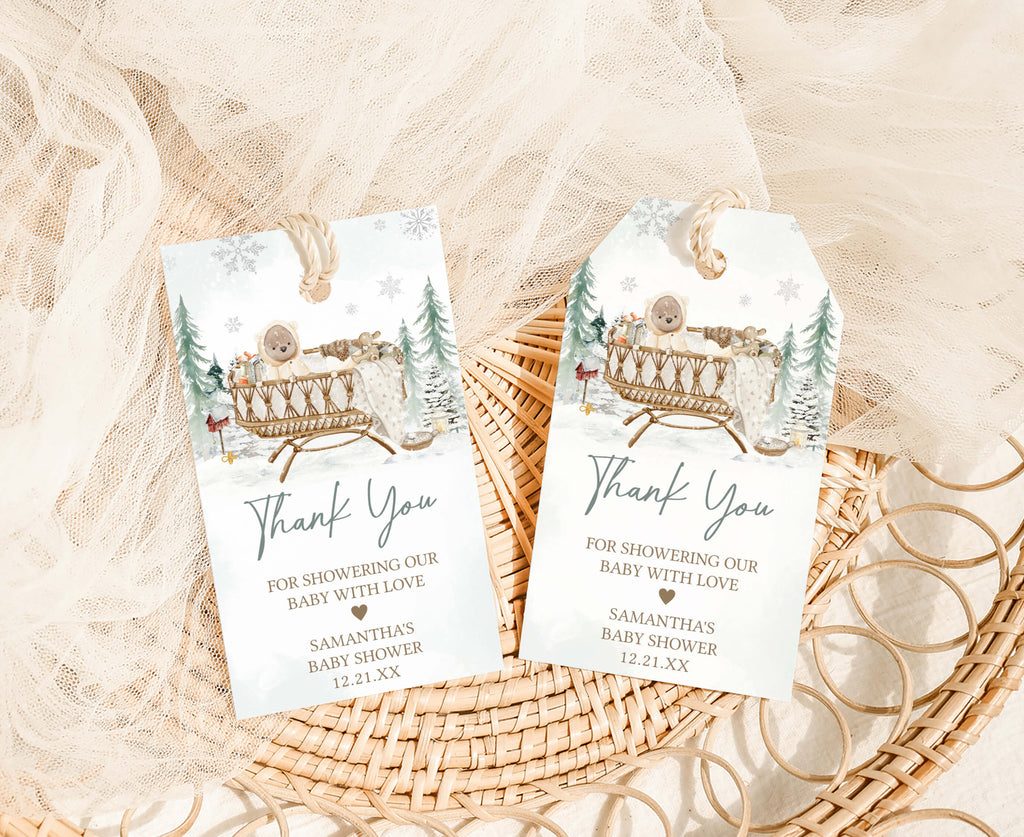 Rustic winter baby shower favor tags, gender neutral woodland snowflake party printable