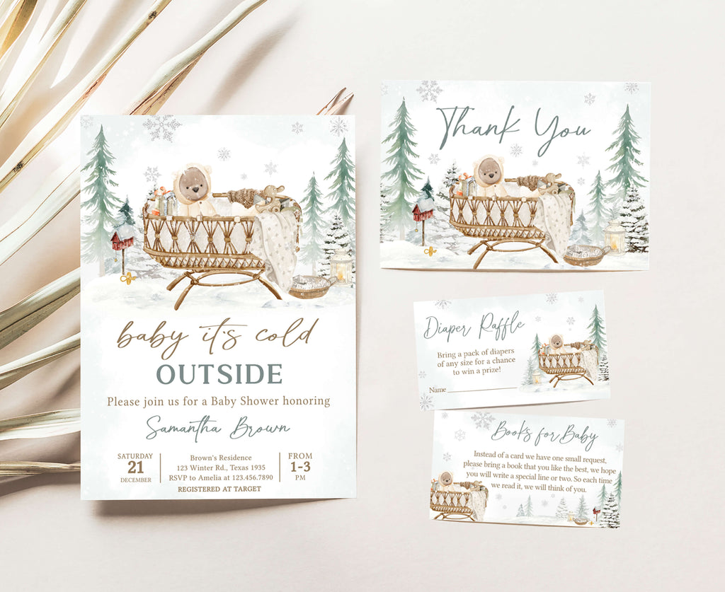 Baby it’s cold outside baby shower invitation set, gender neutral rustic woodland design