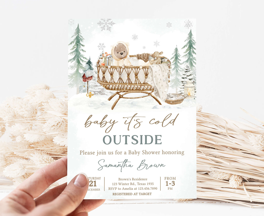 Printable winter baby shower invitation template, Baby it’s cold outside neutral baby shower invite