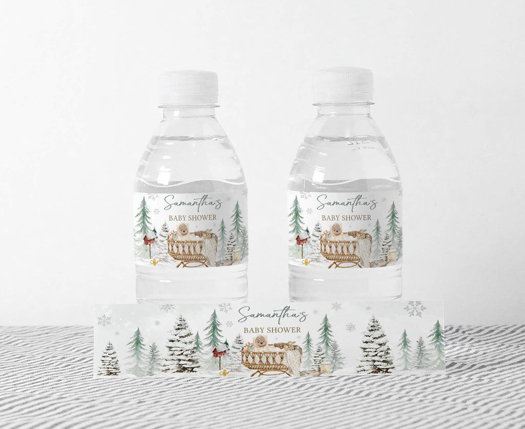 Winter baby shower bottle labels, gender neutral woodland theme, rustic snowflake design