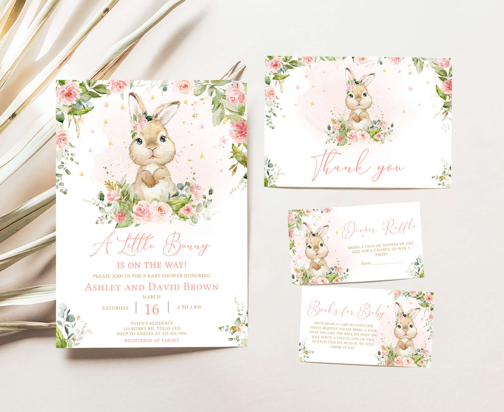 Pink Boho Peter Rabbit Baby Shower Invitation Set
