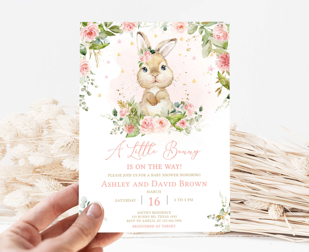 Pink Boho Peter Rabbit Baby Shower Invitation