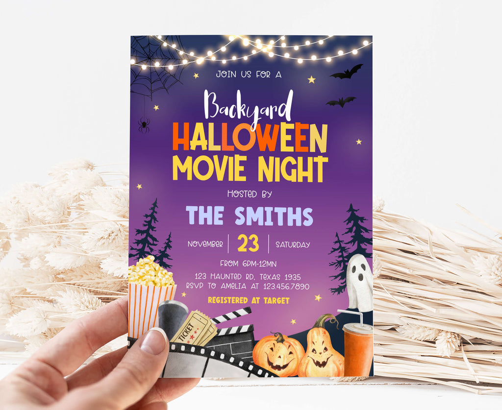 Editable backyard Halloween movie night invitation template