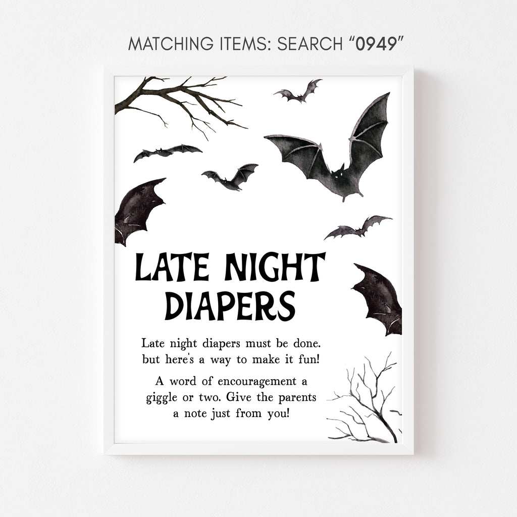 Halloween bat late night diapers sign – spooky rustic fall baby shower table