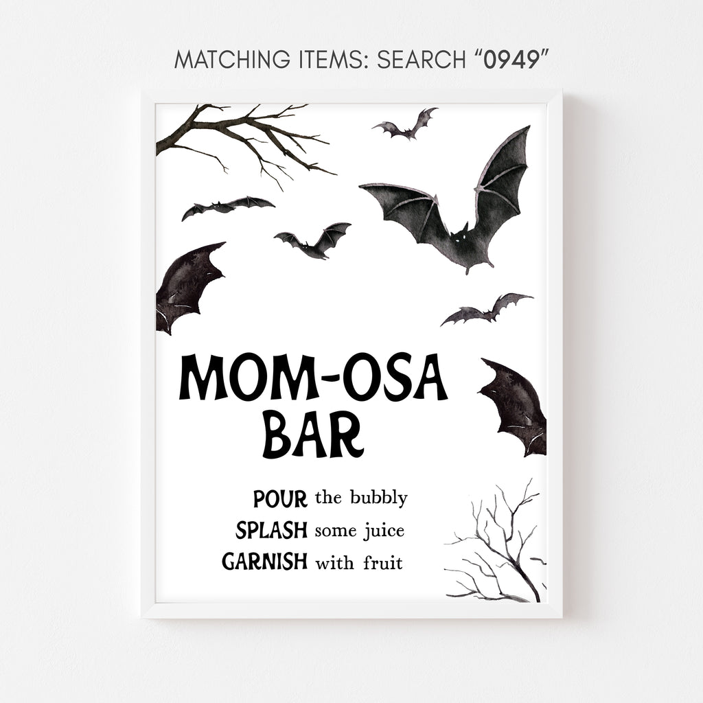 Halloween bat Mom-osa bar sign – rustic spooky fall baby shower drink station