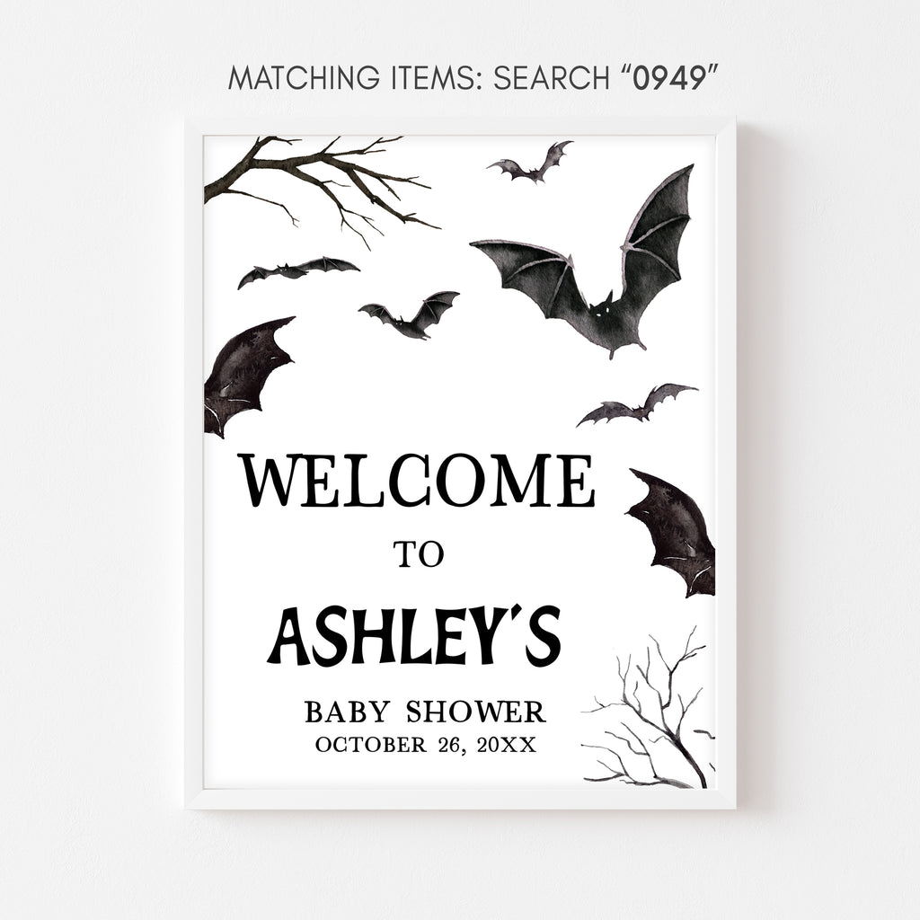 Rustic bat-themed baby shower welcome sign for Halloween celebration
