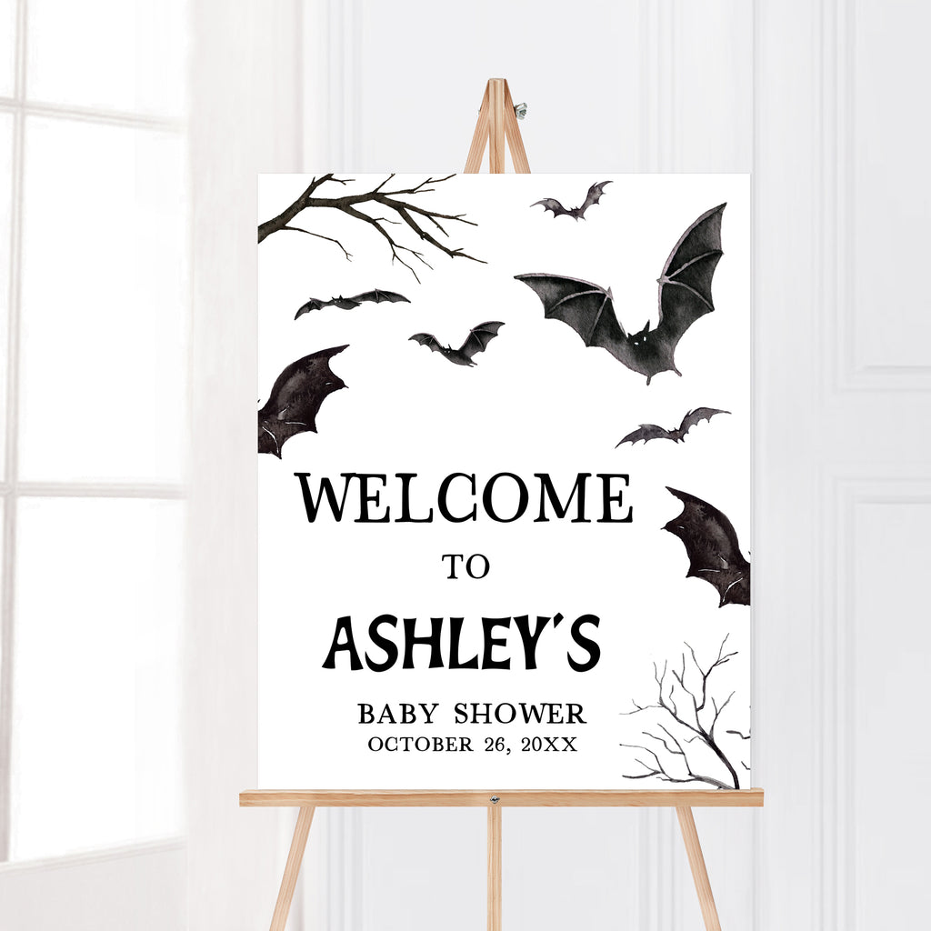 Halloween bat baby shower welcome sign – spooky fall party entrance decor