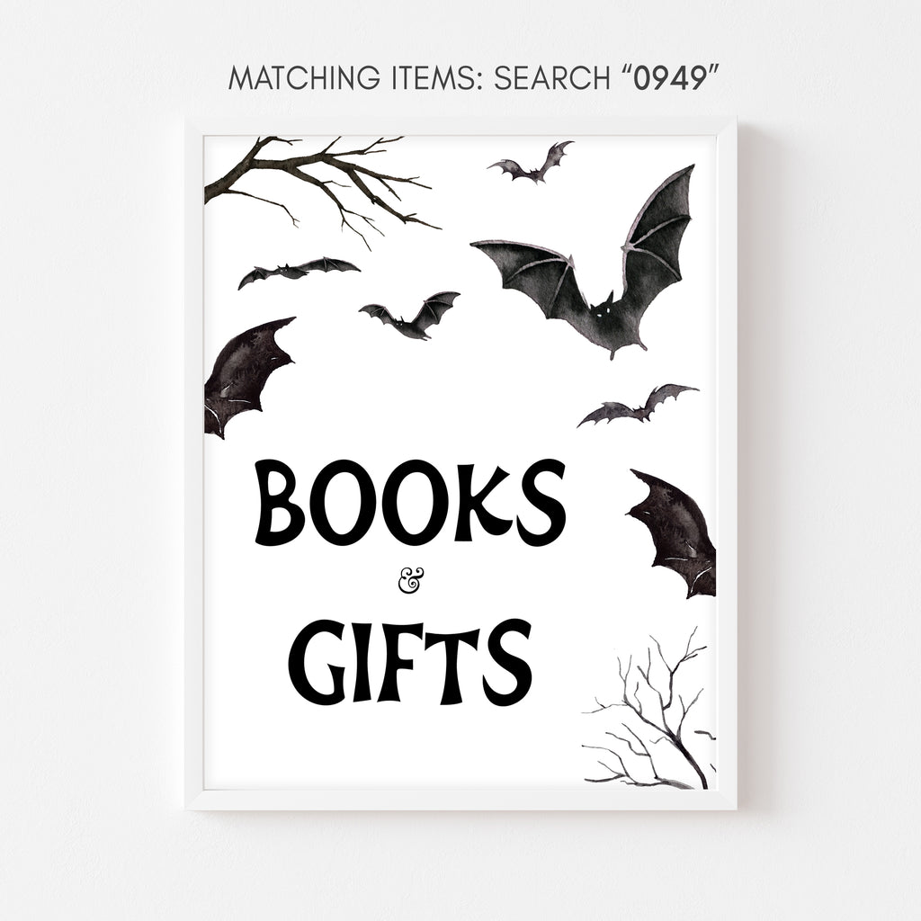 Halloween bat baby shower Books and Gifts sign – spooky autumn decor