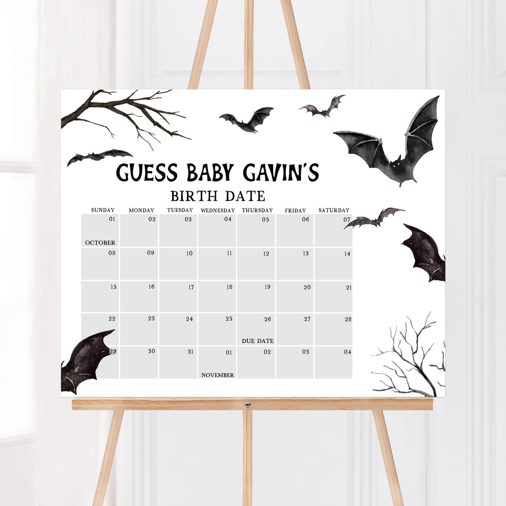 Spooky bat baby shower due date calendar – Halloween party game printable, Halloween bat-themed due date guess calendar for fall baby shower