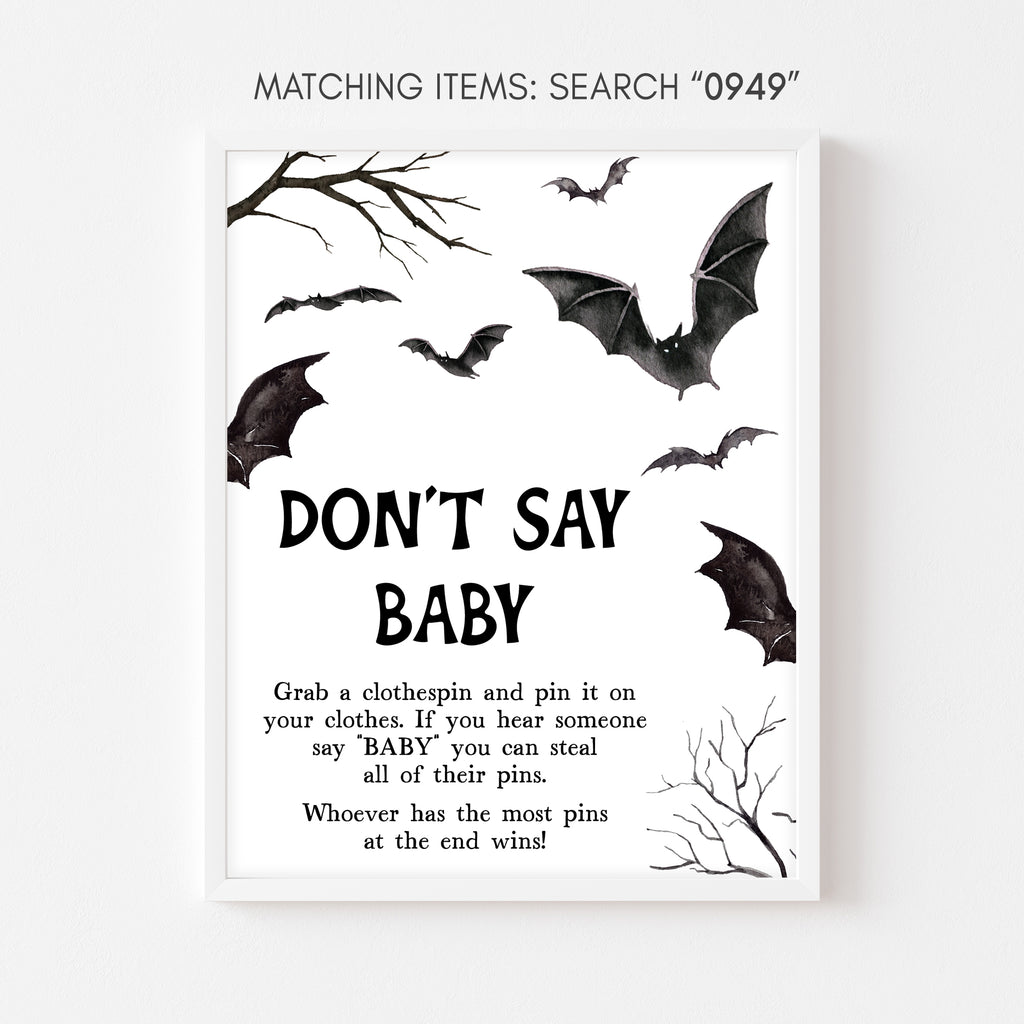 Halloween bat Don’t Say Baby game sign – rustic spooky baby shower decor