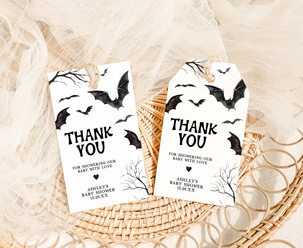 Halloween bat baby shower favor tags – rustic spooky party thank you labels, cute bat-themed Halloween baby shower favor tag printable template