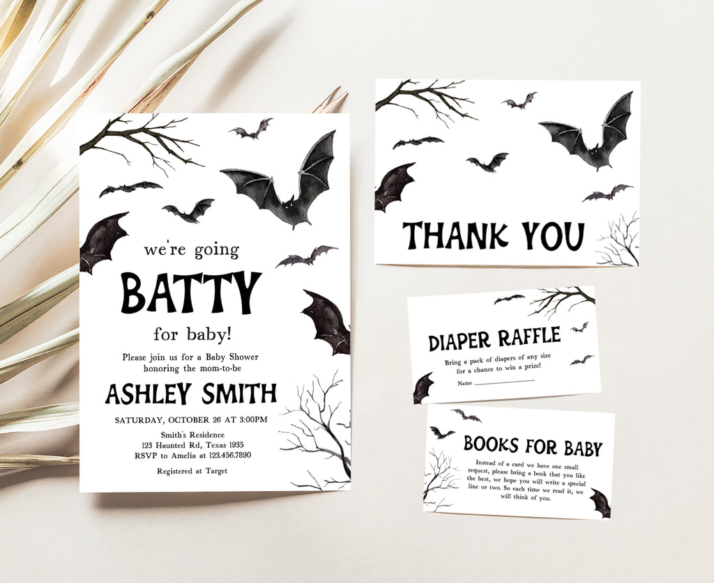 Halloween bat baby shower invitation set – spooky fall party stationery, rustic bat-themed Halloween baby shower invite and matching printables