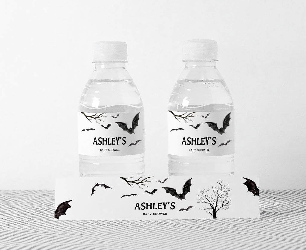 Halloween bat baby shower bottle labels – spooky gothic fall party decor