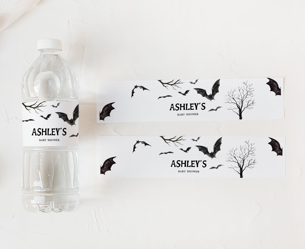 Rustic Halloween bat-themed water bottle stickers for baby shower favors
