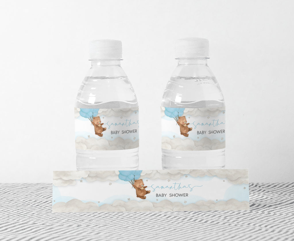 Blue Balloon Bear Baby Shower Bottle Label