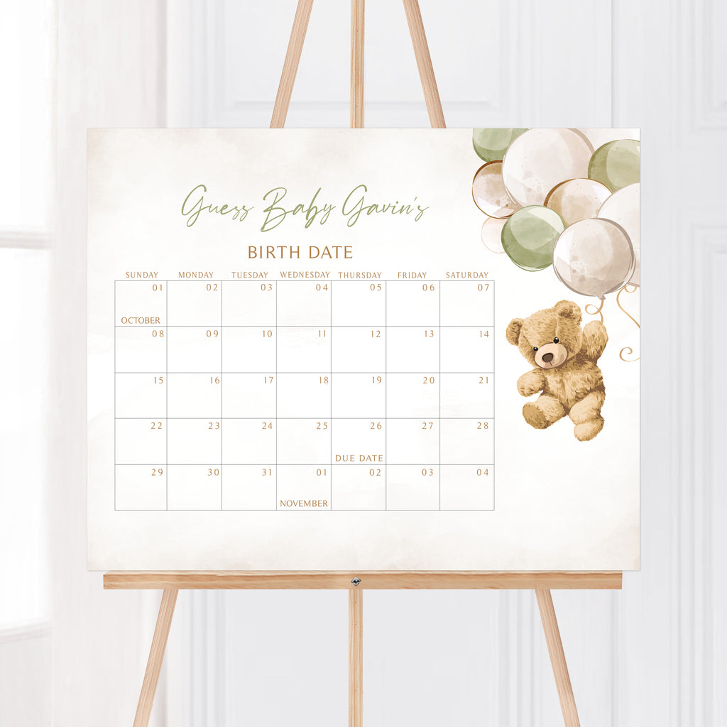 Gender Neutral Bear Baby Shower Due Date Calendar
