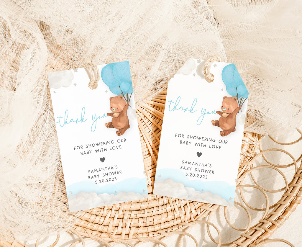 Blue Balloon Bear Baby Shower Favor Tag