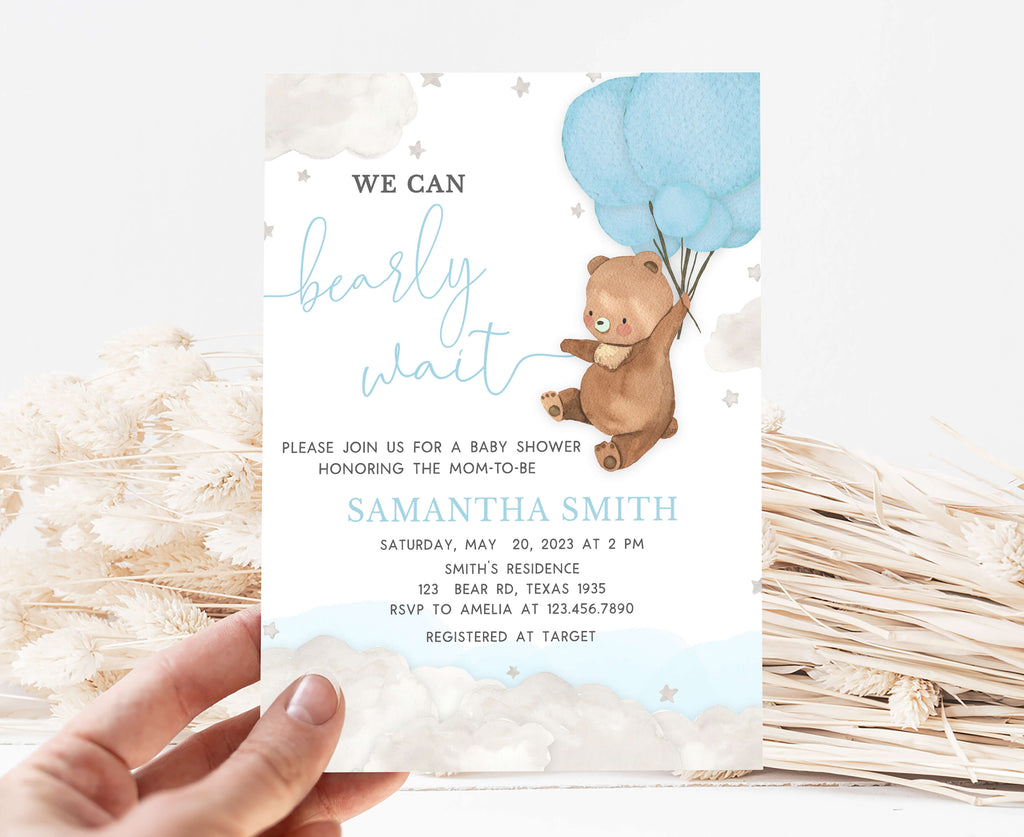 Blue Balloon Bear Baby Shower Invitation
