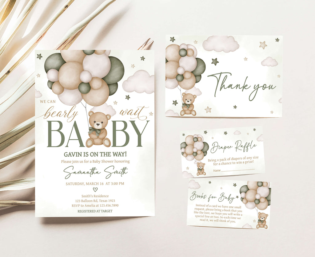 Green Balloon Bear Baby Shower Invitation Set