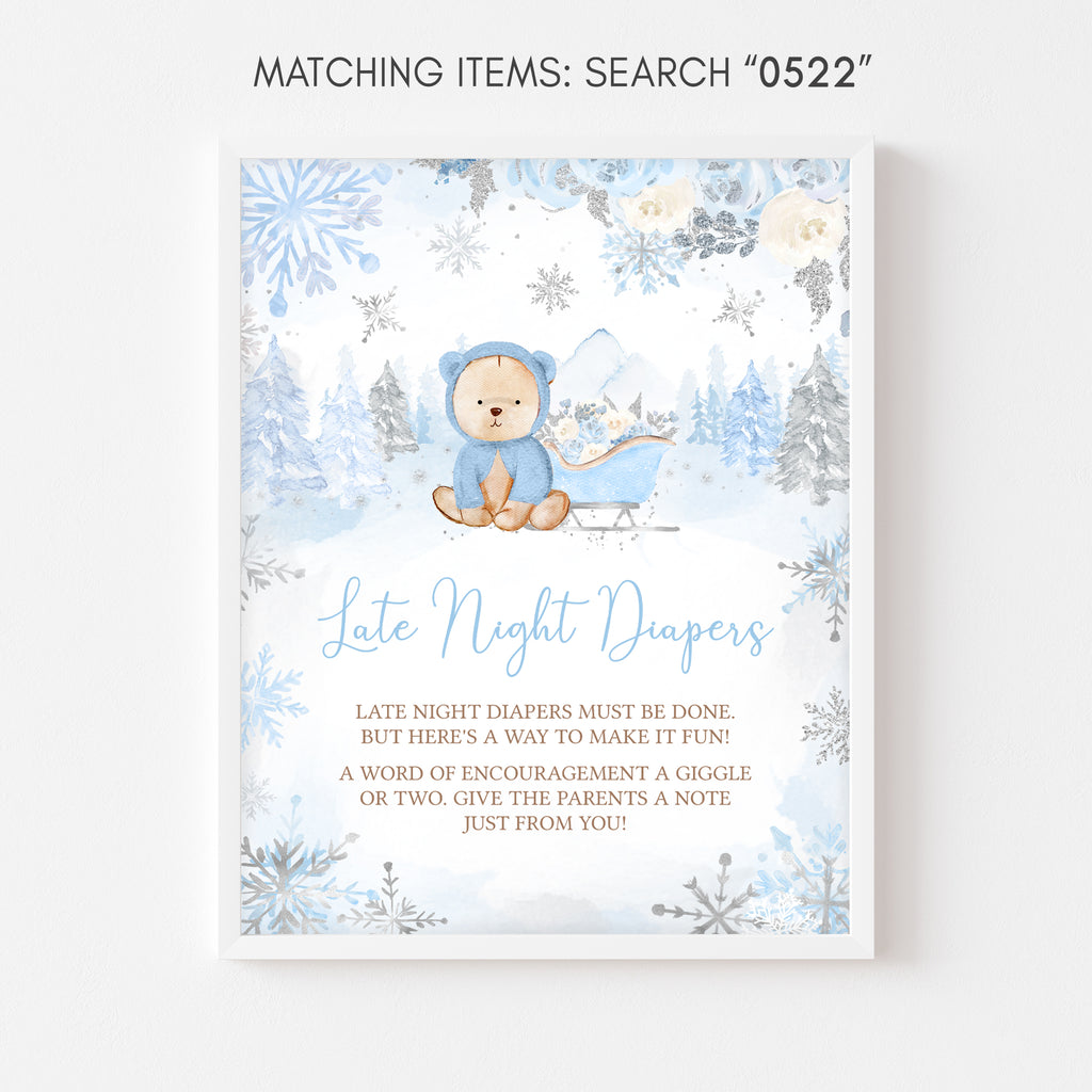 Blue Winter Bear Baby Shower Late Night Diapers Sign