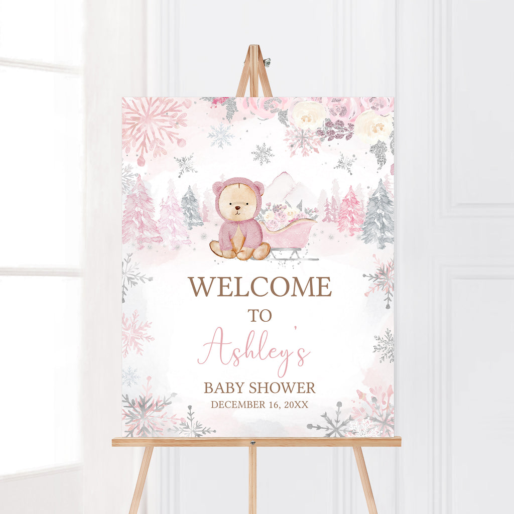 Pink Winter Bear Baby Shower Welcome Sign