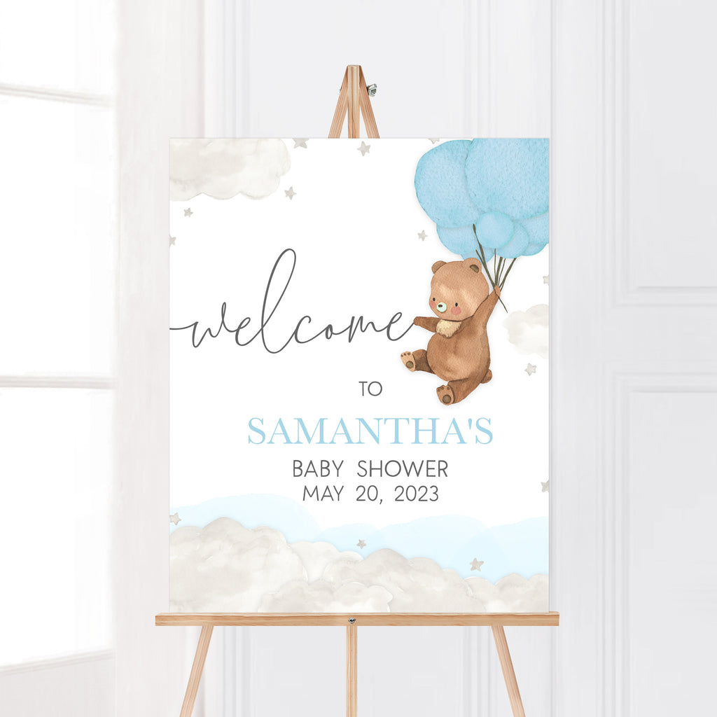 Blue Balloon Bear Baby Shower Welcome Sign